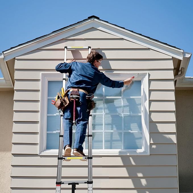 BOCOM 10.5 FT Aluminum Telescoping Ladder, Lightweight Multi-Purpose Collapsible Extension with 2 Triangle Stabilizers, Heavy Duty 330 lbs Max Capacity, Ideal for Home, RV, and Outdoor Work Silver
