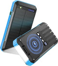 Solar Power Bank 33800mAh with Super Bright LED Flashlight, Built-in 4 Cables & Wireless Charging, Portable Charger with Compass, 7 Outputs & 4 Inputs for Camping/Hiking(Blue)