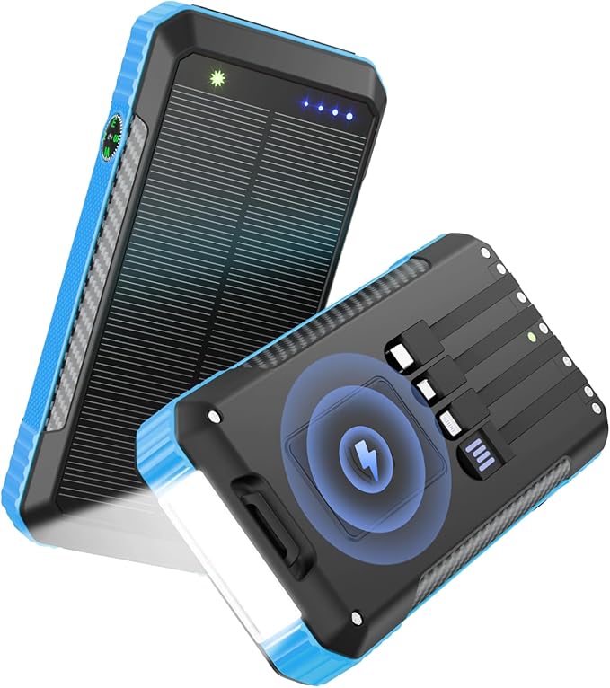 Solar Power Bank 33800mAh with Super Bright LED Flashlight, Built-in 4 Cables & Wireless Charging, Portable Charger with Compass, 7 Outputs & 4 Inputs for Camping/Hiking(Blue)