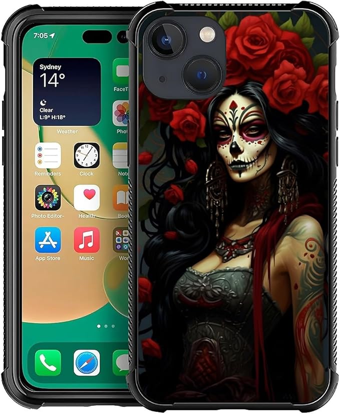 for iPhone 13 Case, Day of The Dead Halloween Woman Pattern Graphic Design Girl Boy Soft Silicone Hard Acrylic Shock Protection for iPhone 13