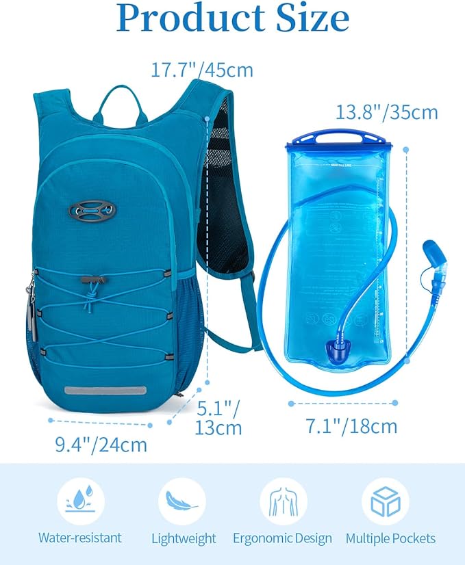 Hydration Backpack with 2L Water Bladder, Hiking Water Backpack for Men Women with Phone Pocket and Helmet Holder