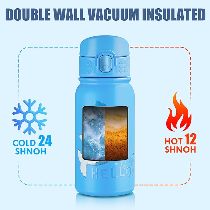 OLDLEY 12oz kids Water Bottle, Stainless Steel Insulated Water Bottle For Kids, With Straws Leak-proof, Kids Water Bottles For School Boys Girls,Polar Sharks