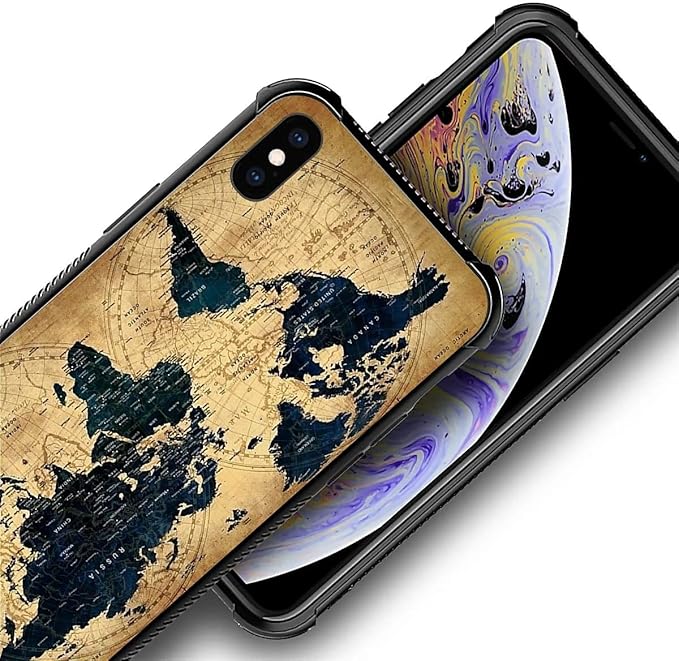 for iPhone X/Xs Case, Brown World Map Pattern Made of Soft Silicone Hard Acrylic Shock Protection for iPhone X/Xs