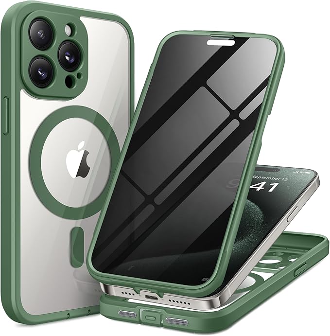 TIESZEN for iPhone 15 Pro Case, Compatible with MagSafe, Built-in Privacy Screen Protector and Camera Protection, Anti Spy Full Body Dustproof Shockproof Hard Phone Case 6.1", Deep Green