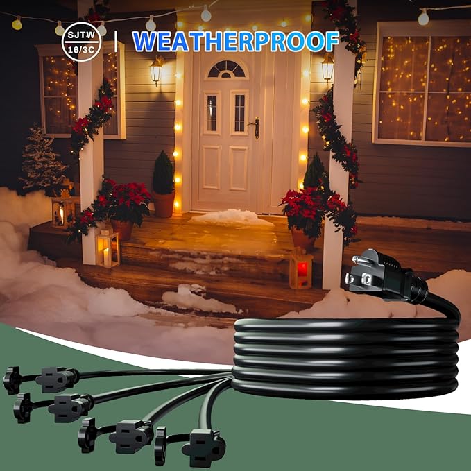 K KASONIC - 31FT Christmas Lights Outdoor Extension Cord with Mutil Outlets, ETL Listed Heavy Duty Electrical Cord with Protective Covers, Weatherproof Extension Cord for Outside, 16AWG/1625W, Black