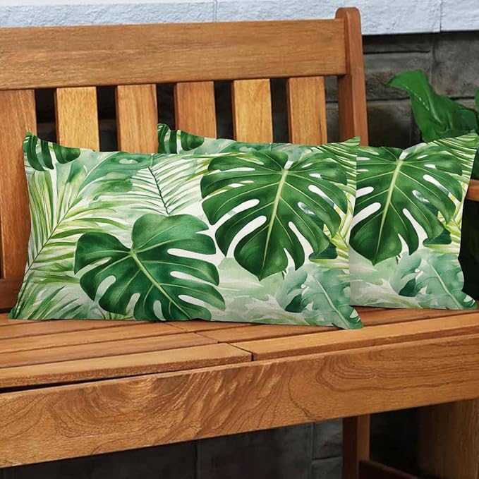 EKOBLA Throw Pillow Cover Green Tropical Palm Fern Leaves Jungle Foliage Farmhouse Decorative Pillow Cases Cotton Linen 12x20 Inch Cushion Cover for Sofa Couch Decoration