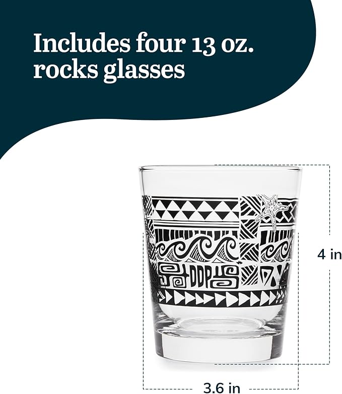 Libbey Tiki Rocks Glasses Set, Vintage-style Glassware Drinking Glasses Set of 4, Exotic, Dishwasher Safe Glasses for Backyard Luau or Pool Party
