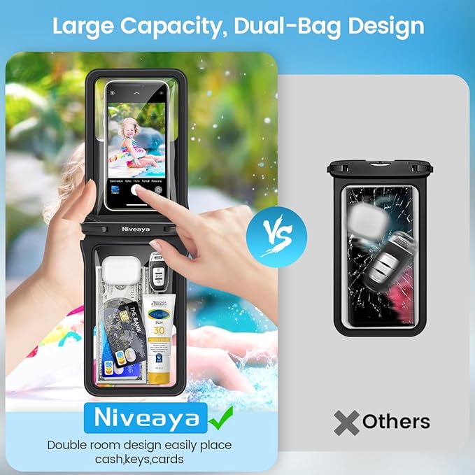 Niveaya Double Space Waterproof Phone Pouch - 2 Pack, Waterproof Phone Lanyard Case with iPhone 17/16/15/14/13 Pro Max up to 8.3", Phone Dry Bags for Vacation Beach Pool Kayak Cruise Travel Essentials