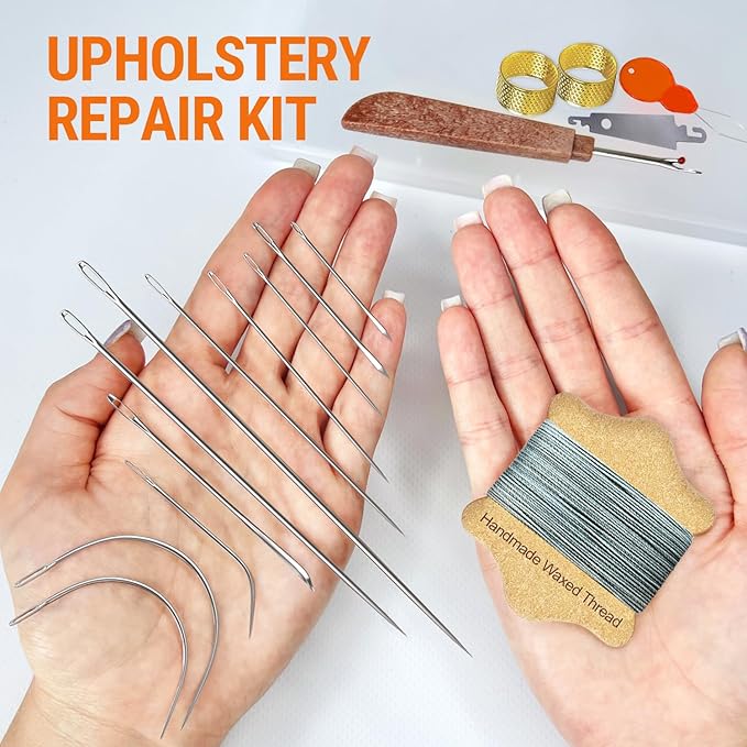 VONEEDL Upholstery Repair Kit: Waxed Sewing Thread (Gray Color) & Heavy Duty Needles (11 PCS) for Leather, Canvas & Quilting Thread