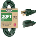 20 Foot Outdoor Extension Cord - 16/3 SJTW Green 16 Gauge Electrical Cable with 3 Prong Grounded Plug - Great for Powering Christmas Lights