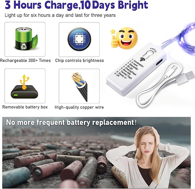 ZSJWL 6 Pack Rechargeable Fairy Lights with Remote & DIY Timer, 7Ft 20LED Mini Battery String Light, Twinkle Silver Copper Wire Lights for Wedding Party Bedroom Christmas Table Decoration (Blue)