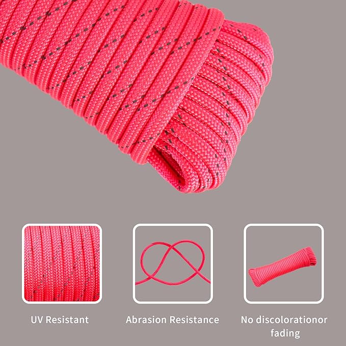 Paracord Rope, Reflective III Parachute Cord 7 Strand Core 550lb, 100ft Pink - High Visibility Abrasion Resistant Easy to Tie, Multi-Purpose Rope for Camping Survival DIY