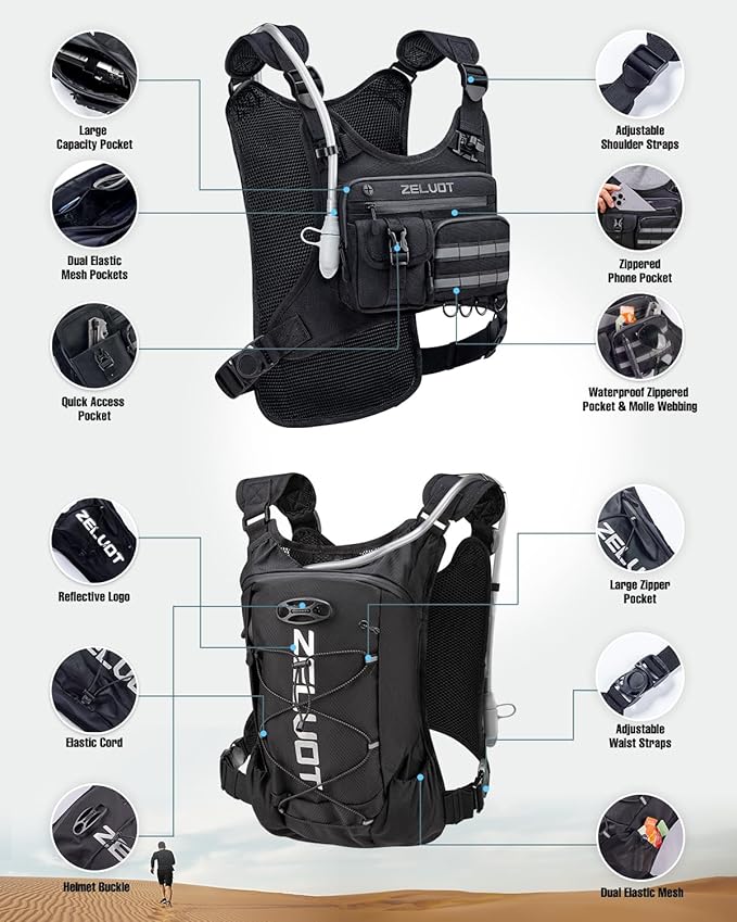 Zelvot Running Vest with 2L Water Bladder, 12L Hydration Backpack with Gear Holder, U.S. Design Patent, Lightweight Hydration Pack, Reflective Chest Pack for Men Women for Hiking