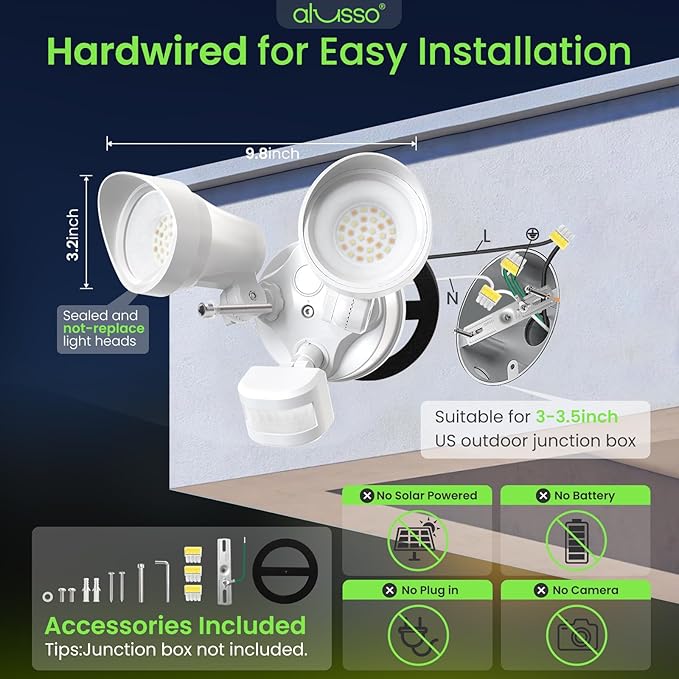 ALUSSO Motion Sensor Outdoor Lights, 30W 3500LM Flood Lights Outdoor 120V, 3 Modes (Dusk to Dawn/Auto/On Time), 3CCT 3000K/4000K/6500K Waterproof Hardwired ETL Listed, Porch Flood Light, White 1PC