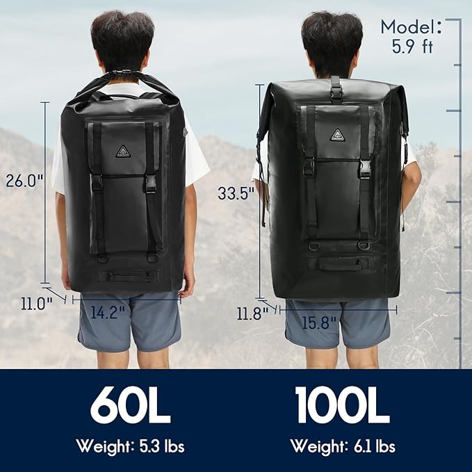 Haimont Large Waterproof Dry Backpack IPX7 Roll-top Dry Marine Dry Bag for Men Kayaking Rafting, 100L, Black