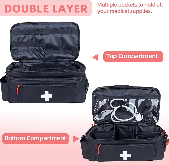 ALSLEA First Aid Bag Empty Large Medical Bag with Shoulder Strap 16”x 9.5” x 7” Medicine Organizer Travel First Aid kit Emergency Supplies Storage Bag for Car, Home, Office, Outdoor (Black)