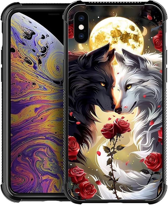 for iPhone Xs Max Case, Black White Wolf Moon Flower Rose Pattern Graphic Design Girl Boy Soft Silicone Hard Acrylic Shock Protection for iPhone Xs Max