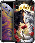 for iPhone Xs Max Case, Black White Wolf Moon Flower Rose Pattern Graphic Design Girl Boy Soft Silicone Hard Acrylic Shock Protection for iPhone Xs Max