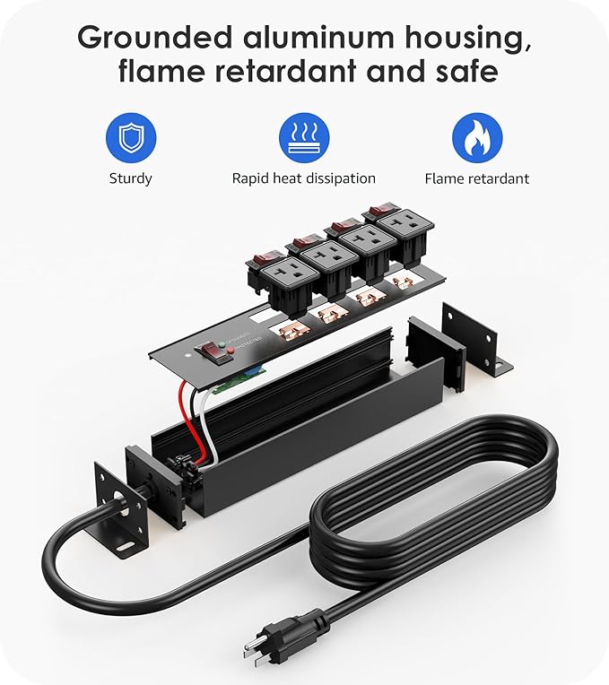 CCCEI Heavy Duty Surge Protector Power Strip 20 Amp Individual Switches. 10FT 12 Gauge Extension Cord with Multiple Outlets. Kitchen, Garage, Shop, Industrial Wall Mount Electric Extender, Black.