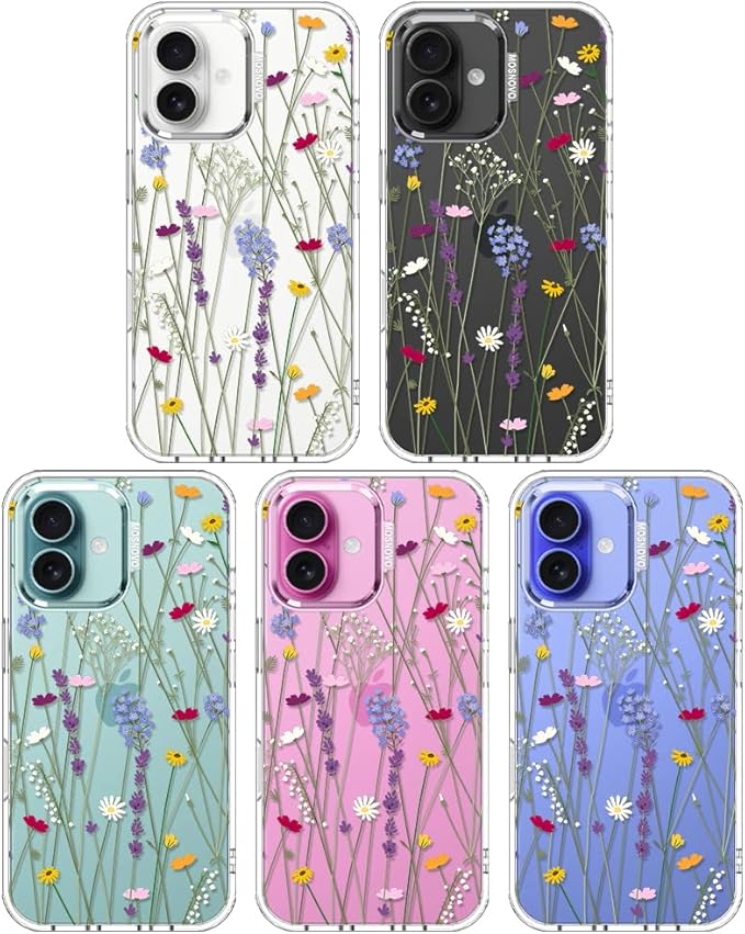 MOSNOVO Case for iPhone 16, [Buffertech 6.6ft Military-Grade Drop Protection] [Anti Peel Off Tech] Clear TPU Bumper Phone Case Cover Design - Floral Garden