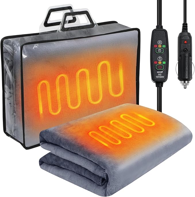 Riakrum 12v Car Heated Blanket 57"x43", Portable Electric Car Blanket with Storage Bag, Auto-Off Heat Control for Truck SUV Rv Winter Travel, Camping, Road Trips, Office, Gifts for Mother Day, Gray
