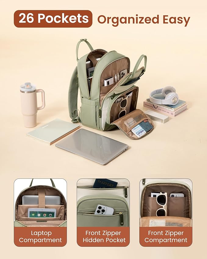 LOVEVOOK Laptop Backpack for Women with Giant Tumbler Holder Pocket,17.3 inch School College Book Bag Nurse Teacher Backpack,Work Travel Backpack Laptop Computer Bag,Brown-Yellowish-brown-Coffee brown