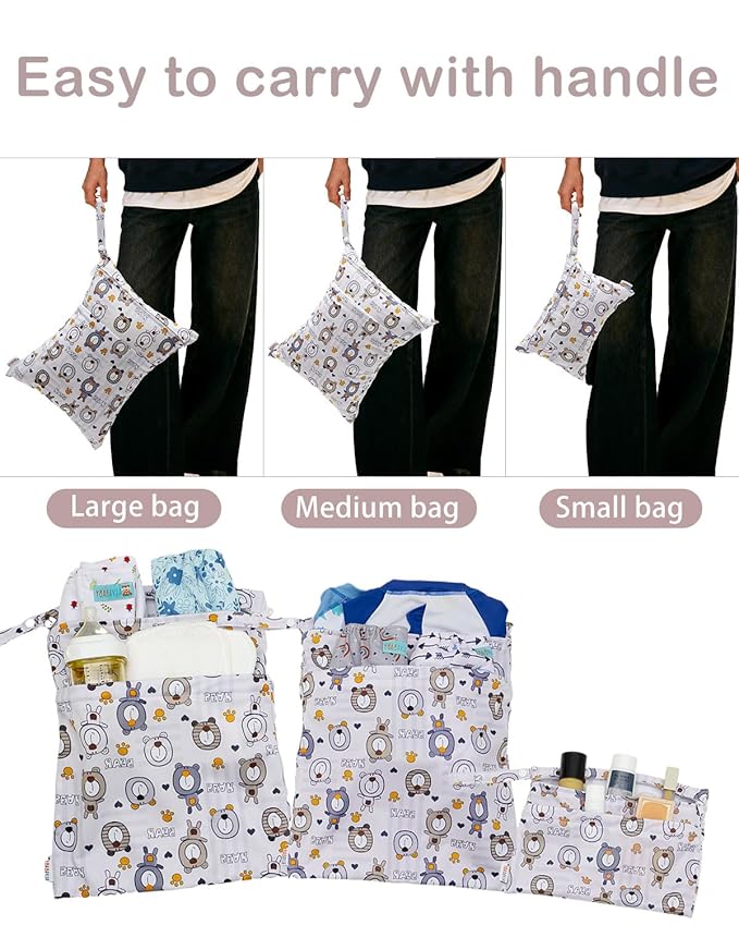 ALVA ALVABABY 3pcs Cloth Diaper Wet Dry Bags Waterproof Reusable with Two Zippered Pockets Travel Beach Pool Daycare Soiled Baby Items Yoga Gym Bag for Swimsuits or Wet Clothes 3L-SML11
