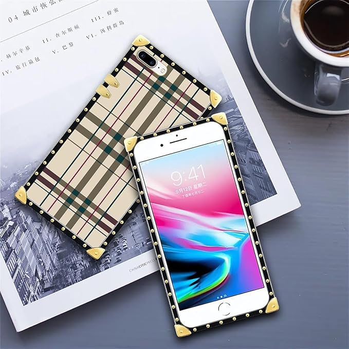 Compatible with iPhone 8 Plus 7 Plus Case, Black Red Beige Stripes Luxury Golden Decoration for Girl Women Soft TPU Shockproof Protective Hard PC Back for iPhone 8 Plus 7 Plus