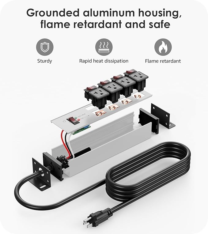 CCCEI Heavy Duty Surge Protector Power Strip 20 Amp Individual Switches. 25FT 12 Gauge Extension Cord with Multiple Outlets. Kitchen, Garage, Shop, Industrial Wall Mount Electric Extender, Grey.
