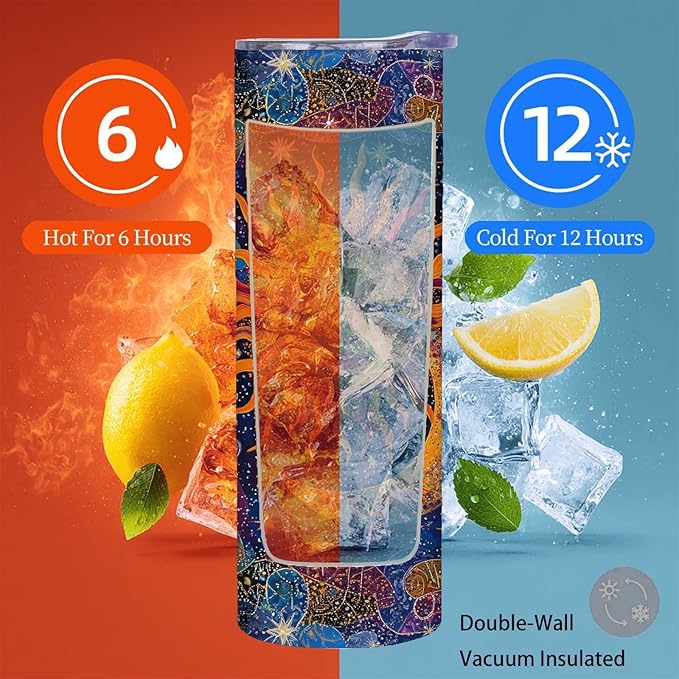 Firmiso 20 oz Tumbler | Skinny Insulated Travel Mug with Leak-proof Lid and Telescopic Straw | Sun and Moon Celestial Stainless Steel Coffee Cup | Christmas Gifts for Women and Men