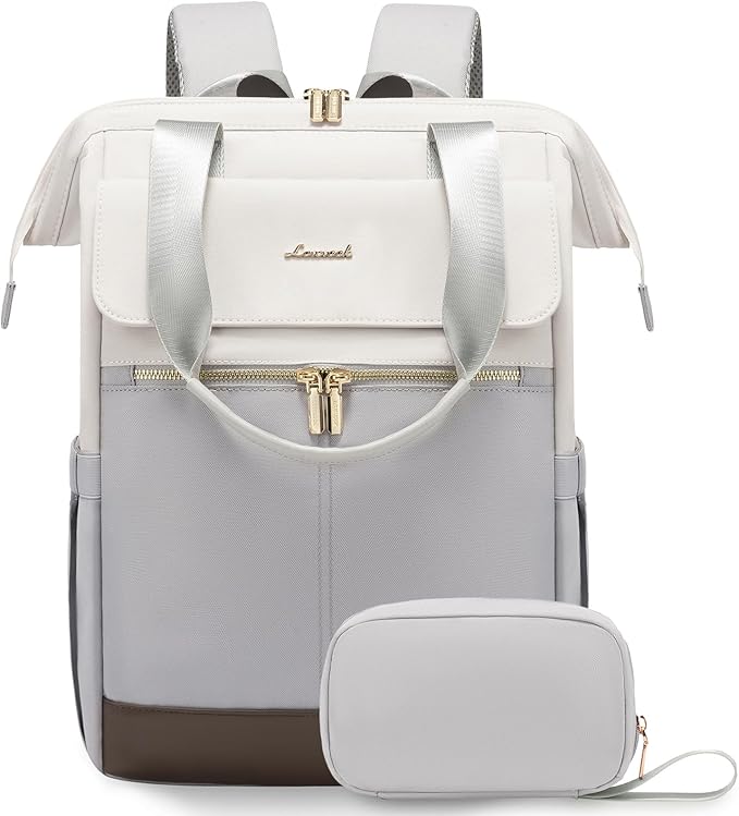 LOVEVOOK Laptop Backpack for Women, 15.6 Inch Work Laptop Bag with USB Port, Fashion Teacher Nurse Backpack Purse, Waterproof Travel Computer Backpack with Organizer Bag, 2PCS, Beige-Light Grey