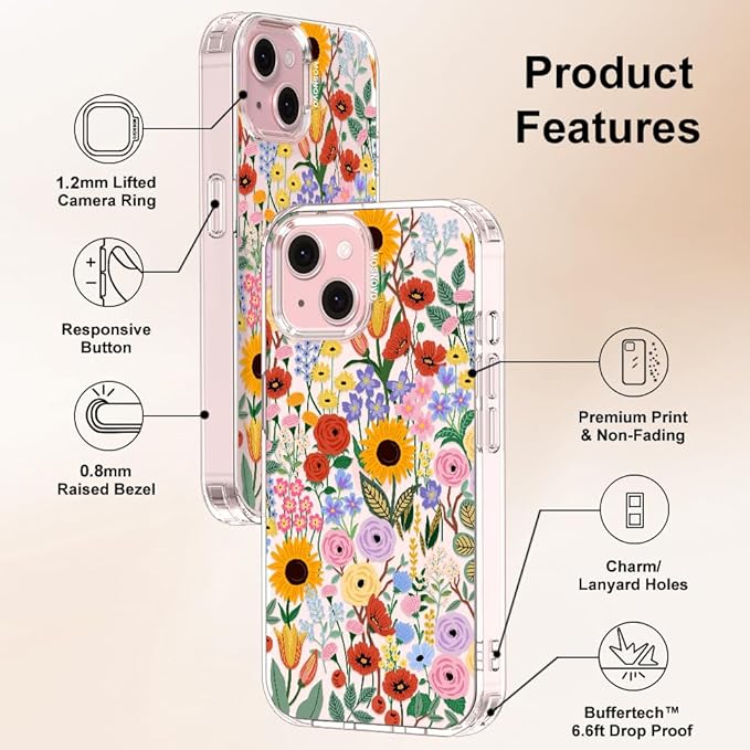 MOSNOVO Case for iPhone 15 Plus/iPhone 14 Plus, [Buffertech 6.6ft Military-Grade Drop Protection] [Anti Peel Off Tech] Clear TPU Bumper Phone Case Cover Design - Blossom & Bloom