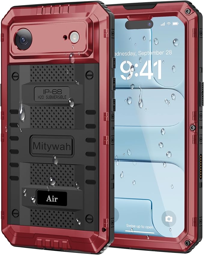 Mitywah Waterproof Case for iPhone Air, Military Grade Rugged Metal Case with Built-in Screen Protector, Heavy Duty Full Body Shockproof Protective Cover for 17 Air 6.5 inch, Red
