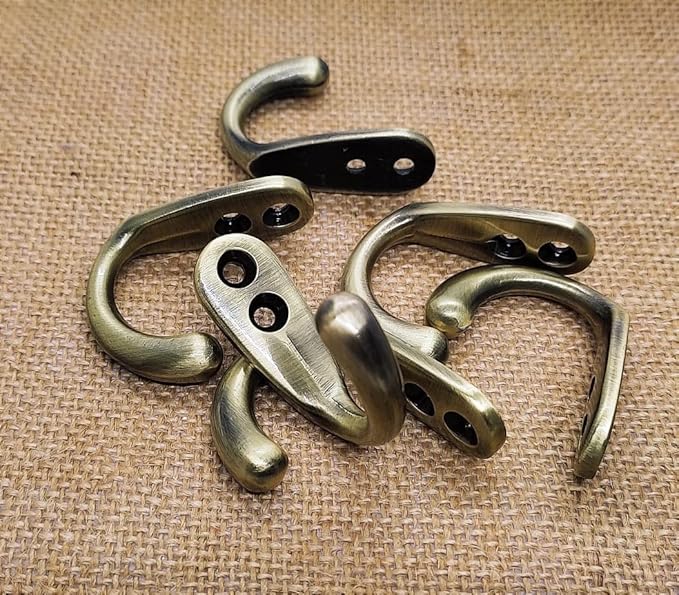 FAPBADRI Multipurpose Hooks, Used to Hang Clothes, Bags, Coats, Curtain Hold Backs, Keys, Antique Gold Colour, Material - White Metal, Screws and Wallplugs Included, Pack of 4 Pieces
