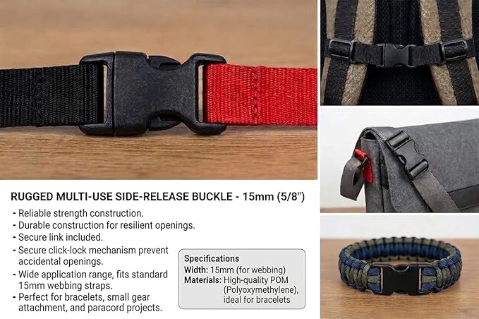 5/8" Black Plastic Side Release Buckle Curved Quick Release for DIY Bracelets, Backpacks, Dog Collars & Tactical Gear