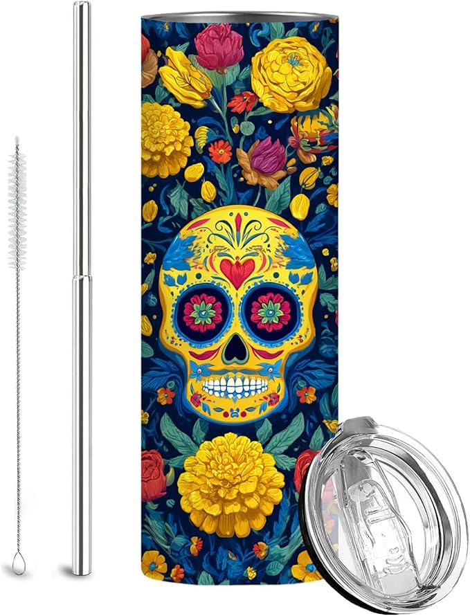 Firmiso 20 oz Tumbler | Insulated Skinny Travel Mug with Leak-proof Lid and Telescopic Straw | Sugar Skull Stainless Steel Hot & Cold Cup | Skull Floral Inspired Gifts for Women and Men