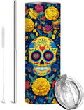 Firmiso 20 oz Tumbler | Insulated Skinny Travel Mug with Leak-proof Lid and Telescopic Straw | Sugar Skull Stainless Steel Hot & Cold Cup | Skull Floral Inspired Gifts for Women and Men