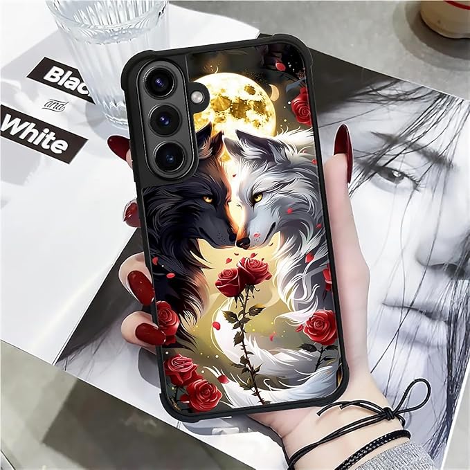 for Samsung Galaxy S26 Plus Case,Graphic Design for Girl Boy Soft Silicone Hard Acrylic Shock Protection Designed for Samsung Galaxy S26 Plus Black White Wolf Moon Flower Rose Pattern