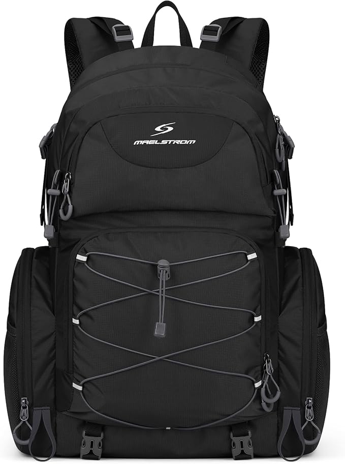 Maelstrom Hiking Backpack, 40L Waterproof Camping Daypack for Men and Women, Lightweight Travel Pack with Rain Cover (Black)