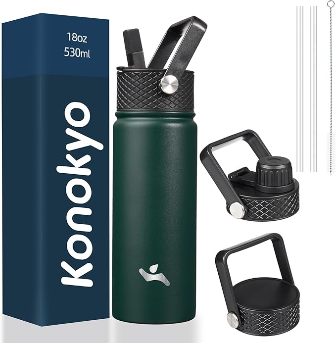 Konokyo 18 oz Insulated Water Bottle Stainless Steel Sport Bottles with 3 Lids,Army Green