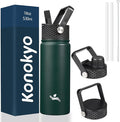 Konokyo 18 oz Insulated Water Bottle Stainless Steel Sport Bottles with 3 Lids,Army Green