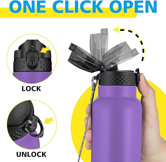 Han's Bottle Sports Water Bottle - 24 Oz, Straw Lid, Leak Proof, Vacuum Insulated Stainless Steel, Double Walled, Thermo Mug,Purple
