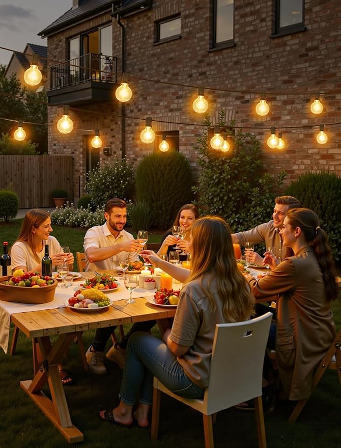 Larkvue 100FT(4x25FT) Solar String Lights Outdoor with Remote, Waterproof Dimmable 3 Modes Patio Light with 40+3 LED G40 Bulbs for Camping Porch-Black