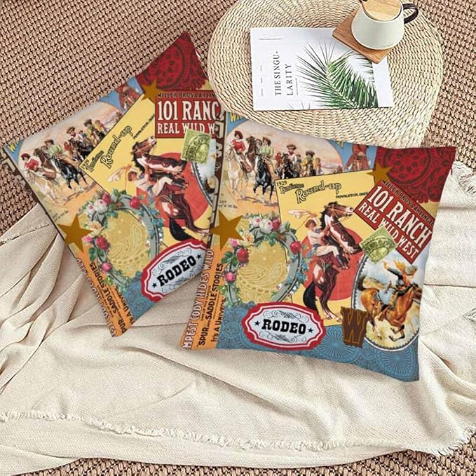 Cowgirls Wild West Pillow Covers 18 X 18 Far East Rodeo Round Up Win Ride Horse Race Wreath Cool Set of 2 Pillow Cases Square Outdoor Throw Cushion Pillowcases Decor Home Bed Sofa Couch Hotel
