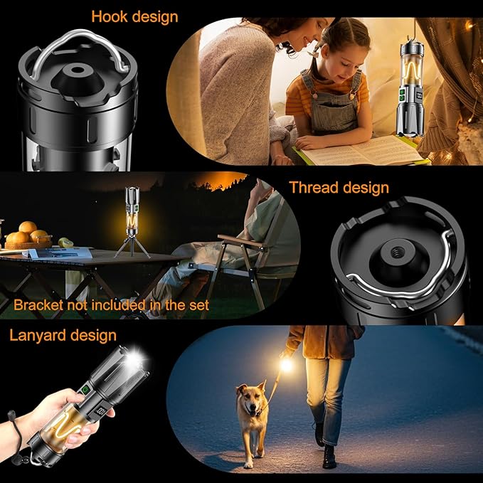 Super Bright Flashlight High Lumens 100000 Rechargeable, Powerful 50W LED, Long Lasting 30H, Daul Bottons 10Modes with Side Light, Quick USB C Charge & Output, Multi-functional for Home Camping Hiking