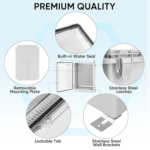 TICONN Outdoor Electrical Box Waterproof, Junction Box IP67 ABS Plastic Enclosure with Hinged Cover with Mounting Plate, Wall Brackets, Cable Glands (Clear, 13.8"x9.8"x5.9")