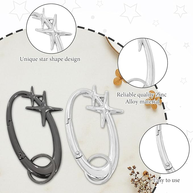 2PCS Star Carabiner, Shiny Y2K Cute Carabiner, Cool, Simple Alloy Material, Suitable for Men and Women, Suitable for Wallet and Gift