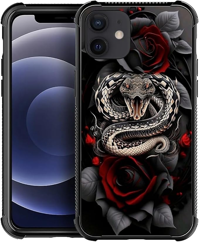 for iPhone 11 Case, Entwined Rose Snake Pattern Graphic Design Girl Boy Soft Silicone Hard Acrylic Shock Protection for iPhone 11