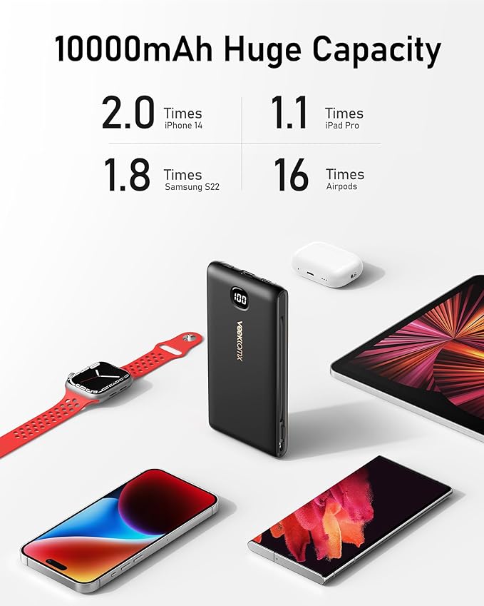 VEEKTOMX Portable Charger with Built in Cables 10000mAh, Power Bank for iPhone with AC Wall Plug, Fast Charging USB C Slim Battery Pack with LED Display Compatible with iPhone 17/16/15/14, Samsung