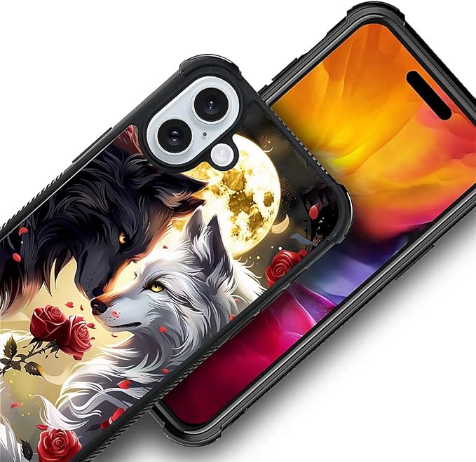 for iPhone 16 Case, Black White Wolf Moon Flower Rose Pattern Graphic Design Girl Boy Soft Silicone Hard Acrylic Shock Protection for iPhone 16